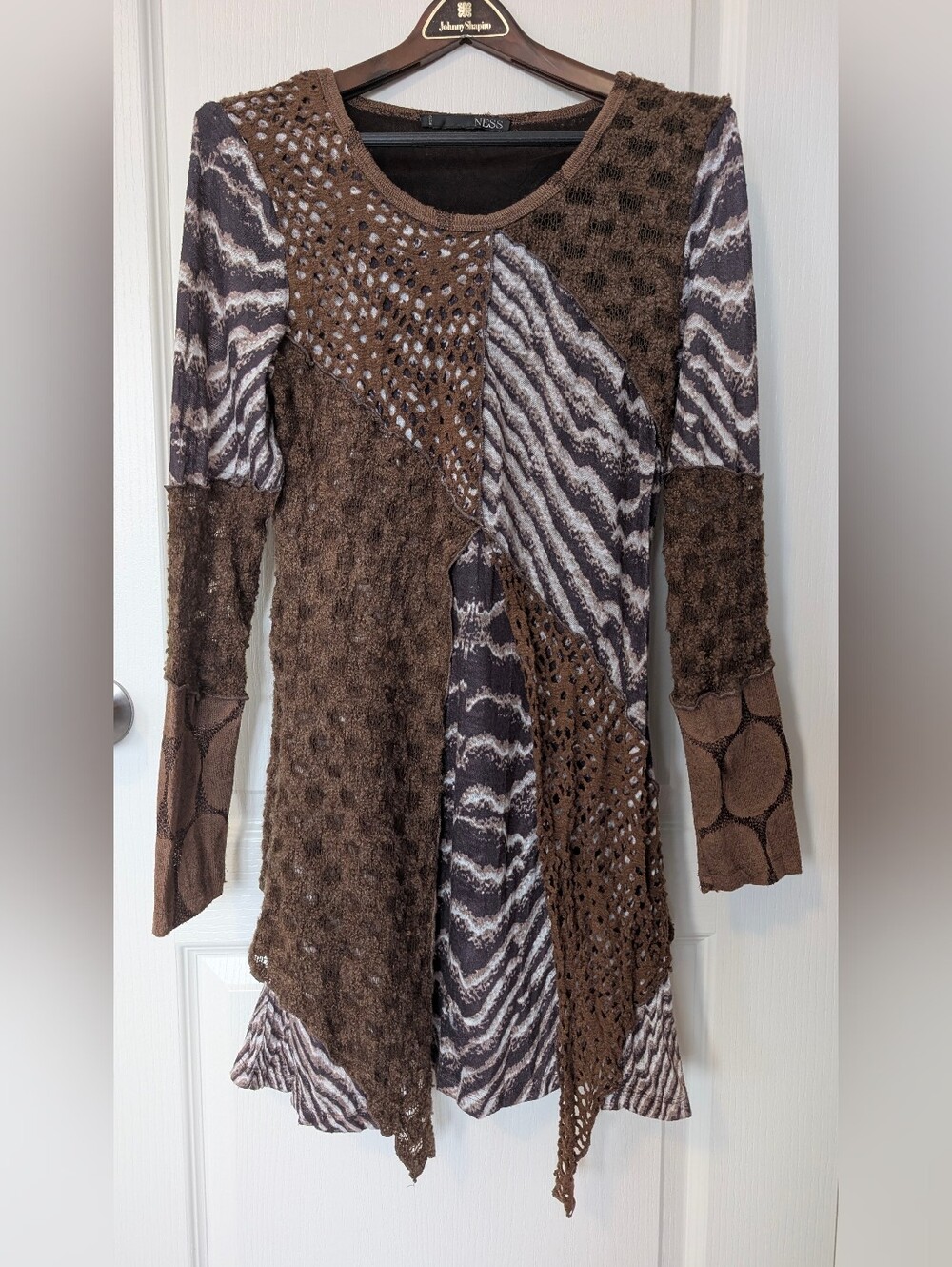 Funky Mixed-Texture Brown Sweater Dress With Animal Prints